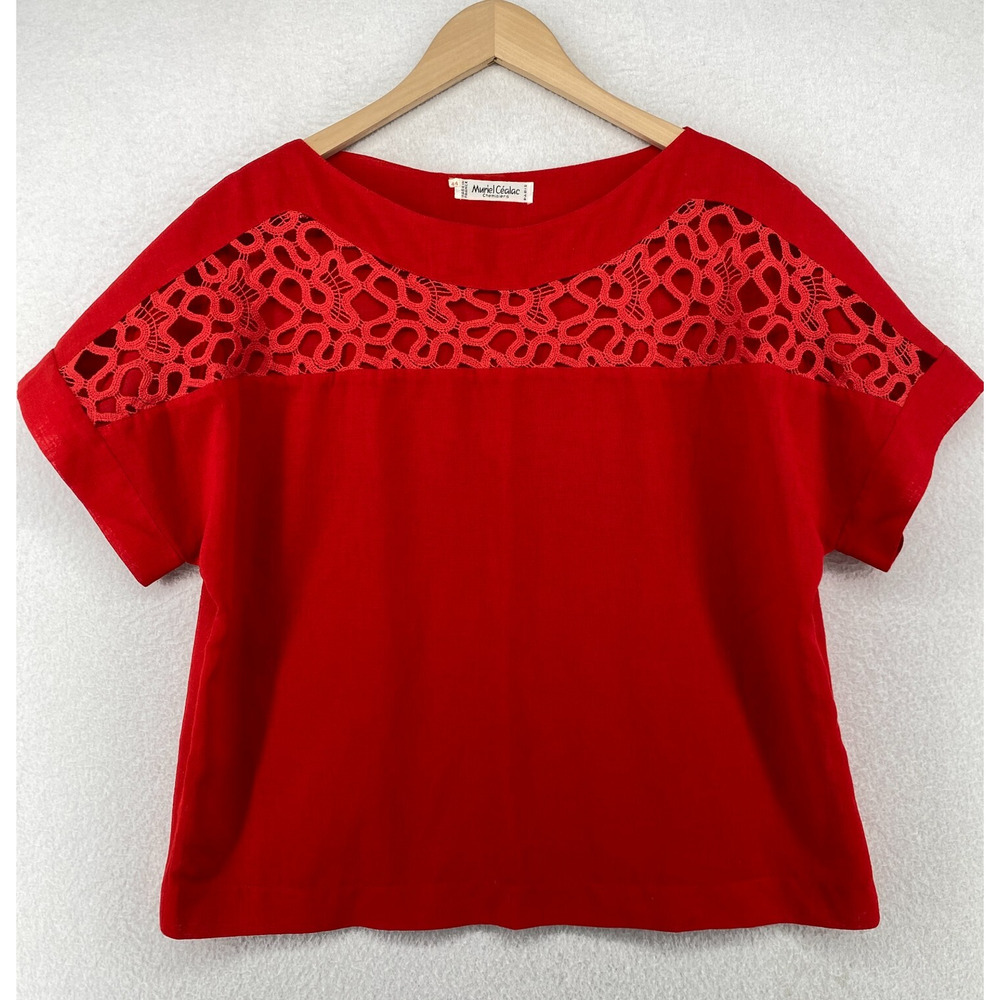 MURIEL CEALAC Blouse 44 XL Lace Trim Yoke Boxy Boat Neck Dolman Red France Vtg